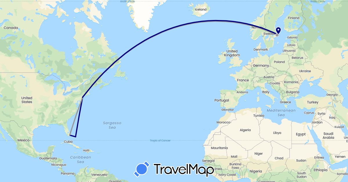 TravelMap itinerary: driving, plane in Bahamas, Sweden, United States (Europe, North America)